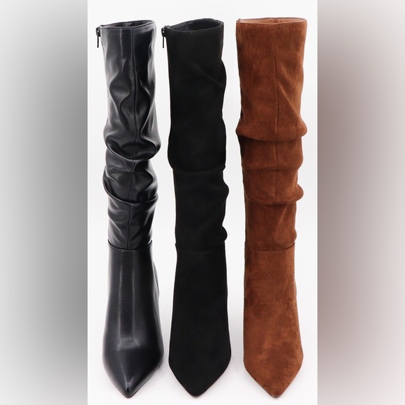 🖤 NEW Black Faux Leather Stiletto Knee High Boots – Slouchy, Pointed Toe, Size - Picture 7 of 8